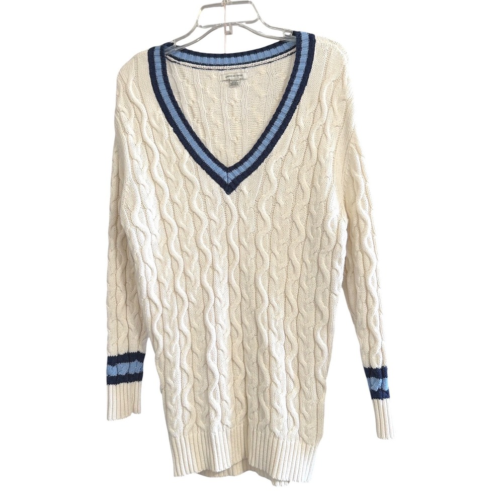 American‎ Eagle Mens XS Tennis Sweater Cable Knit V-Neck Cream Blue Striped Trim